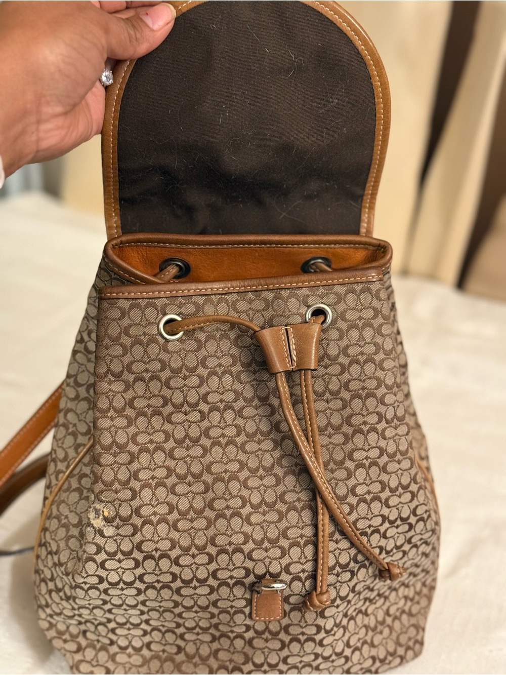 Coach Brown Signature Canvas Backpack with Tan Leather Trim - Picture 6 of 12